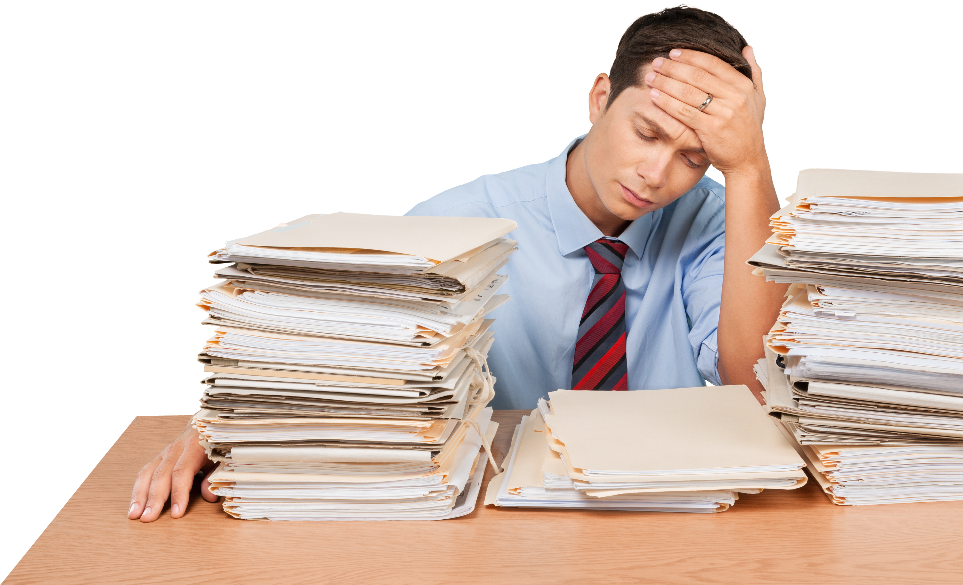 Office Worker with a lot of Paperwork to Do Isolated